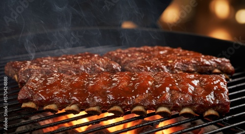 Sizzling BBQ Ribs on the Grill - Juicy, tender ribs basted with smoky barbecue sauce, grilling over glowing embers, creating a mouthwatering culinary experience.