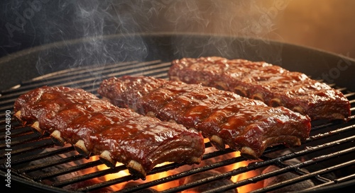 Sizzling BBQ Ribs on the Grill - Juicy, smoky barbecue ribs grilling over glowing coals, representing summer, delicious food, outdoor cooking, family gatherings, and relaxation