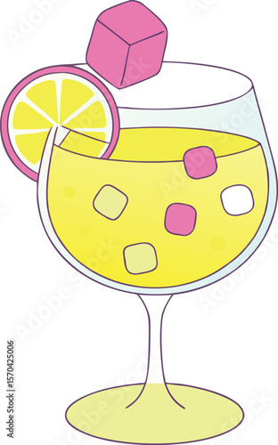 Yellow drink with lemon slice and pink cubes glass