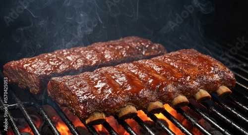 Smoked Beef Short Ribs Grilling - Juicy, smoky beef short ribs grilling on a hot barbecue, perfect for a summer feast. Represents deliciousness, grilling, summer, BBQ, and savory flavor