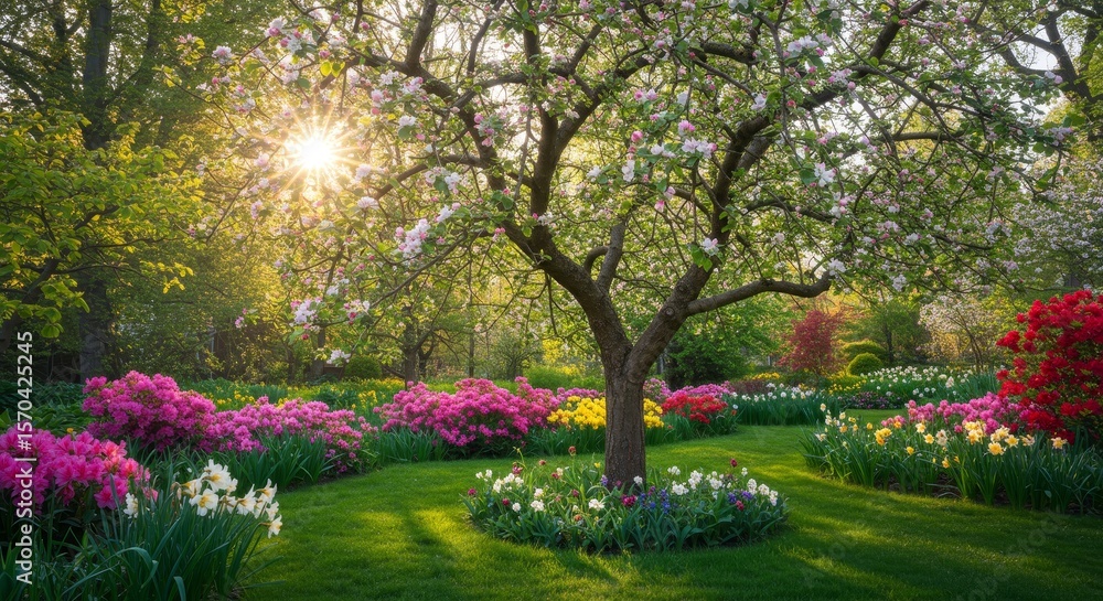 Naklejka premium Spring Garden Bloom - A picturesque spring garden scene featuring a blossoming tree and vibrant flowerbeds bathed in sunlight