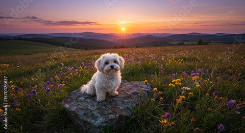 Sunset Meadow Dog - Adorable fluffy white dog sits on a rock in a field of wildflowers at sunset. Serene landscape