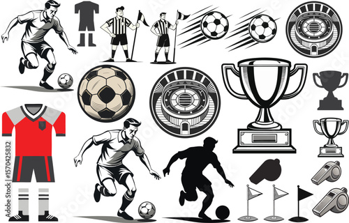 American football game illustration, Soccer, players, stadium, trophies, balls and referee vector