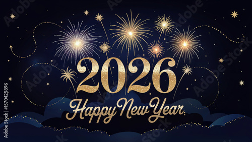 Sparkling golden fireworks light up the night sky celebrating happy new year 2026 with stars and clouds