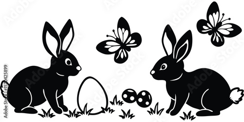 Easter Bunnies With Eggs Playing On The graden Vector