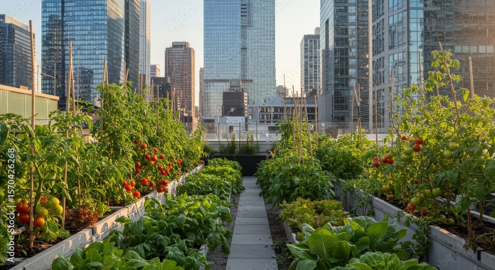 Urban Rooftop Garden Amidst Skyscrapers - A vibrant rooftop garden thrives amidst towering skyscrapers, symbolizing urban sustainability, community growth, healthy living, nature's resilience, and Urban Rooftop Garden Amidst Skyscrapers - A vibrant rooftop garden thrives amidst towering skyscrapers, symbolizing urban sustainability, community growth, healthy living, nature's resilience, and