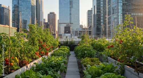 Urban Rooftop Garden Amidst Skyscrapers - A vibrant rooftop garden thrives amidst towering skyscrapers, symbolizing urban sustainability, community growth, healthy living, nature's resilience, and