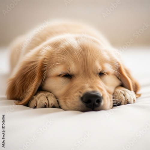 Cute golden retriever puppy sleeping peacefully on a white bed. Soft lighting and realistic fur texture make it ideal for pet care visuals, cozy lifestyle branding, and animal-focused content.