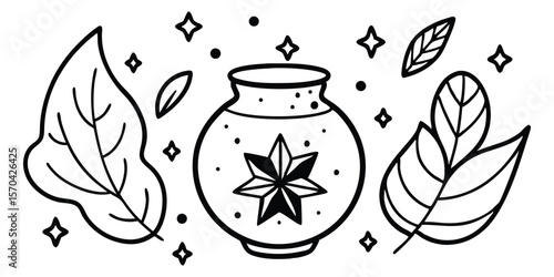 Mystical Potion Jar Doodle Set With Crystals Leave Vector