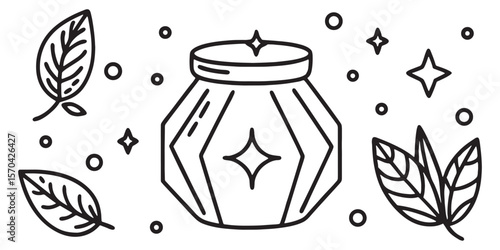 Mystical Potion Jar Doodle Set With Crystals Leave Vector