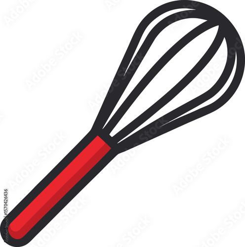Red handled whisk with black wires kitchen utensil