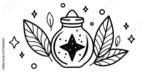 Mystical Potion Jar Doodle Set With Crystals Leave Vector