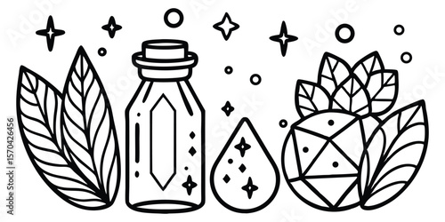 Mystical Potion Jar Doodle Set With Crystals Leave Vector