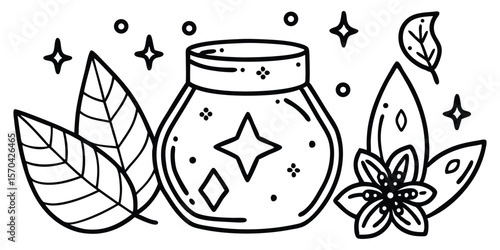 Mystical Potion Jar Doodle Set With Crystals Leave Vector