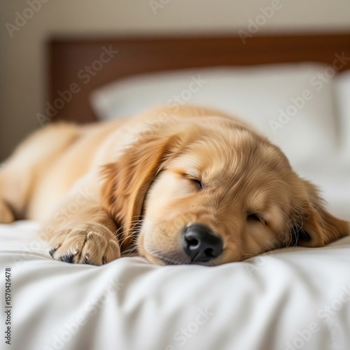 Cute golden retriever puppy sleeping peacefully on a white bed. Soft lighting and realistic fur texture make it ideal for pet care visuals, cozy lifestyle branding, and animal-focused content.