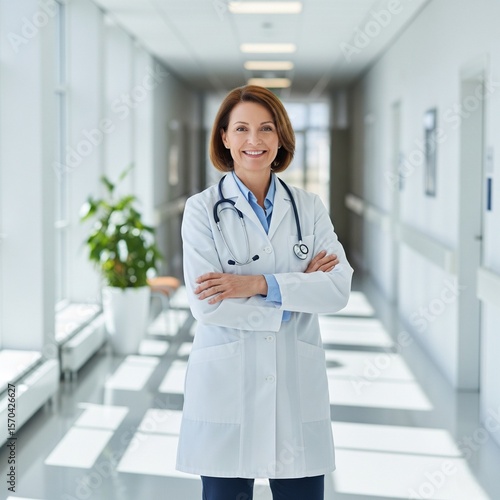 Female doctor in a white coat and stethoscope standing confidently in a bright, modern hospital hallway. This scene is perfect for health brochures, hospital websites, or professional medical branding