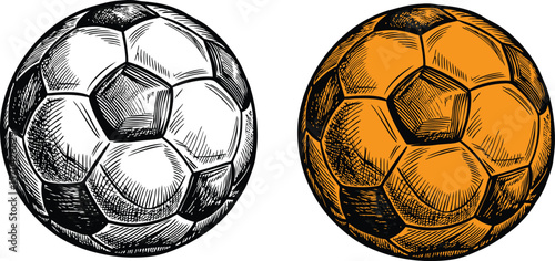 Hand drawn soccer ball illustrations black and orange designs 