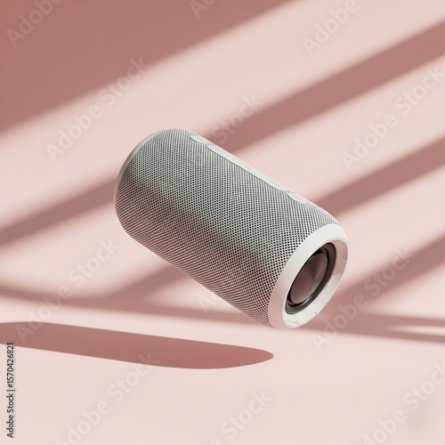 Mockup of a wireless speaker floating over a pastel background with dynamic shadows. Perfect for product showcases, e-commerce branding, and online store visuals.