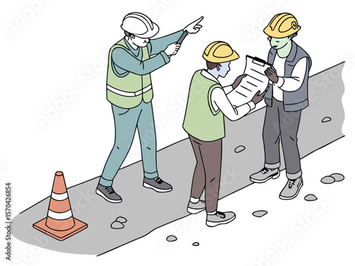 Construction workers discuss plans on site discussion