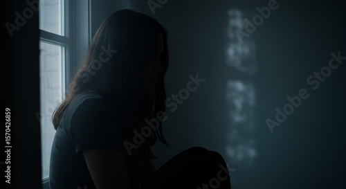 Silhouette of a woman by a window expressing loneliness in the dim light