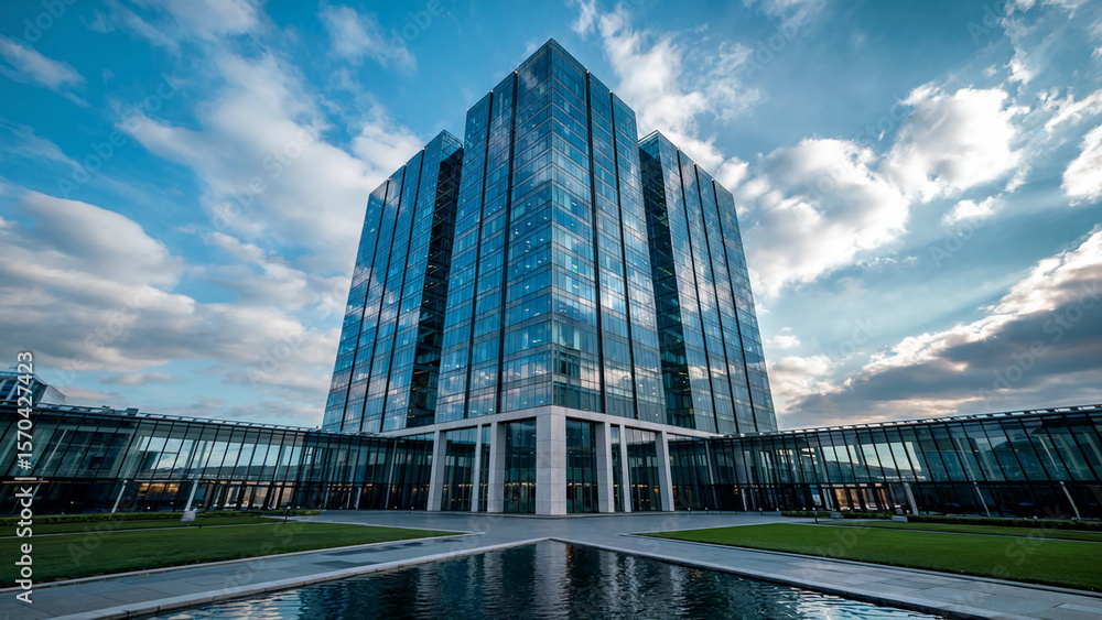 Obraz premium Modern glass skyscraper reflecting the sky and clouds with a tranquil reflecting pool in the foreground