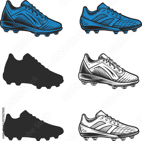 Soccer cleats illustrations blue white black silhouettes