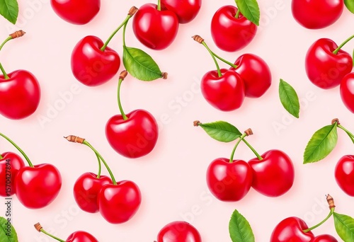 Sweet cherry seamless pattern, pale pink background, vibrant red fruit,  sweet,  organic