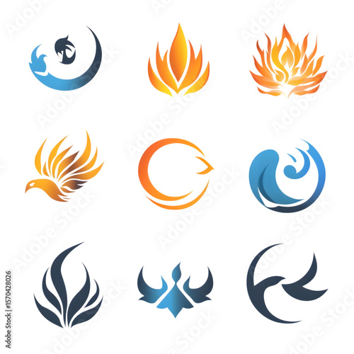 Collection of abstract elemental symbols representing fire water and birds isolated on transparent background