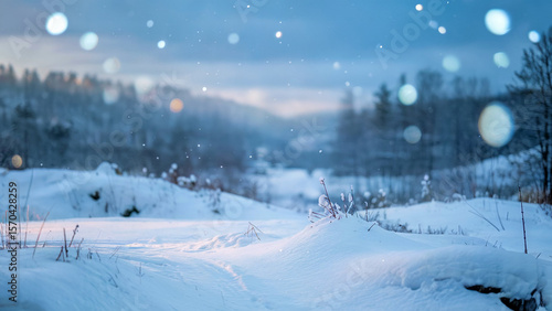 Wallpaper Mural Gentle snowfall blankets a serene winter landscape with soft blue light and glowing bokeh circles in the sky Torontodigital.ca