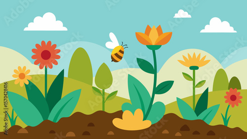 Spring floral nature illustration: a beautiful garden drawing with blooming flowers, green grass, and a graceful butterfly