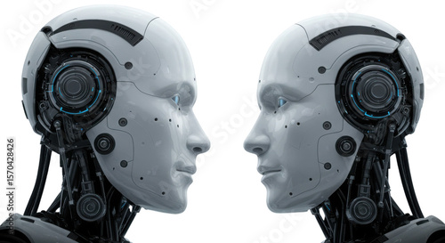 Two humanoid robot heads facing each other on a black studio transparent background view