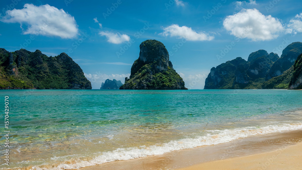 Fototapeta premium Idyllic tropical beach with turquoise water white sand and lush green limestone karsts under a bright blue sky with clouds