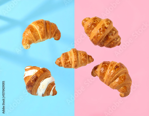 3D Pastel Croissants And Pastries In Motion Freeze Scene