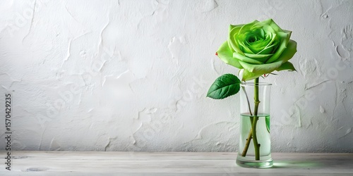 Single Green Rose in Glass Vase on Wooden Table