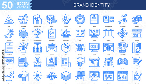 Brand Identity icon collection set. Containing logo, Sustainable, minimalist house, Reliable, Creative, brand, identity icon