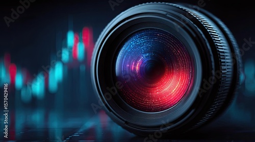 Money growth investment goals and optimization concept. Close-up view of a modern camera lens with colorful reflections.