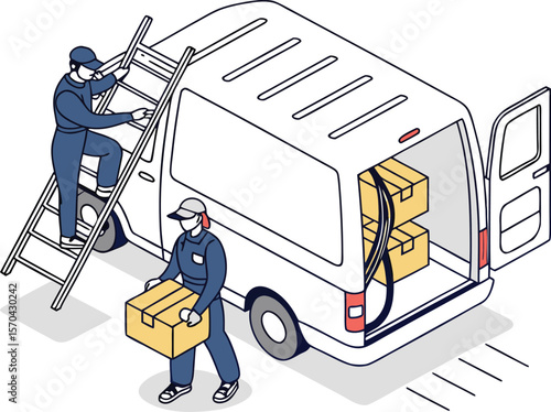 Delivery workers loading boxes into a van vector