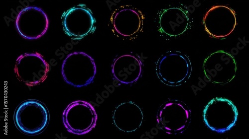 Fifteen Neon Circular Borders on Black Background