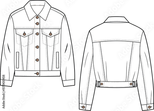  Blank Classic Denim Jean Jacket Flat Sketch, Front and Back View, Unisex Casual Outerwear Apparel Design Template, Versatile Fashion Basic for Customization, Timeless Style for Everyday Wear, Modern.