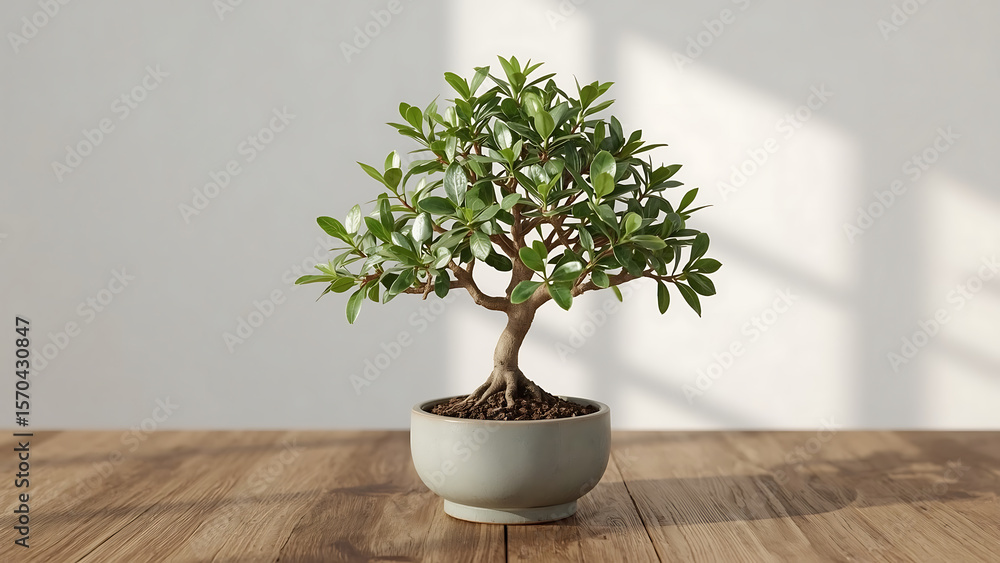 Fototapeta premium Bonsai tree in a light gray pot on a wooden table. Suitable for nature, gardening, home decor, zen concepts, and small business branding projects.