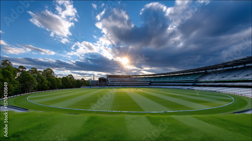 Cricket Ground at Dusk with Sunburst and Dramatic Sky in Melbourne Australia