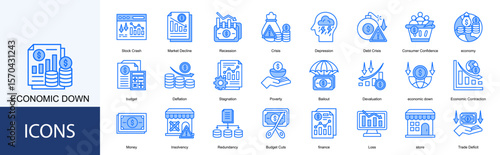 Economic down icon collection set. Containing Stock Crash, Market Decline, Recession, Crisis, Depression, Debt Crisis icon