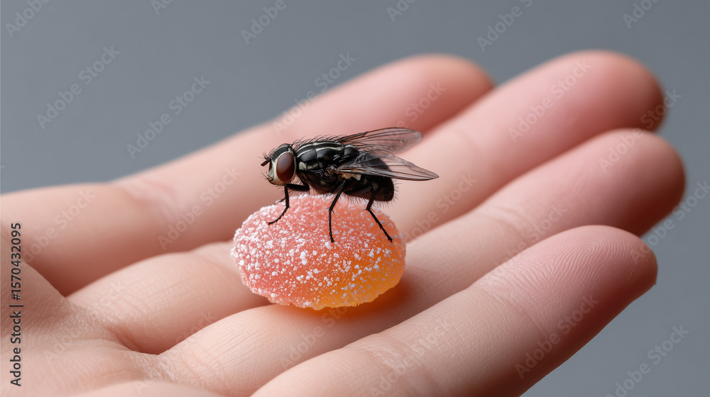 Obraz premium Housefly On Sugar Candy In Palm Of Hand Close Up Macro Insect Animal