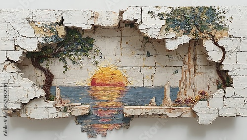 Surreal artwork of a crumbling white brick wall revealing a hidden painted mural of a serene ocean sunset, blending urban decay with natural beauty
