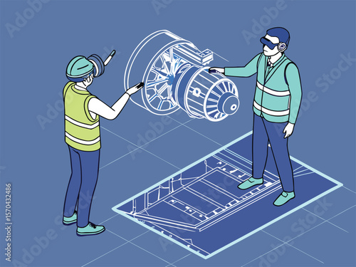 Engineers examining jet engine blueprint with virtual reality vr headset