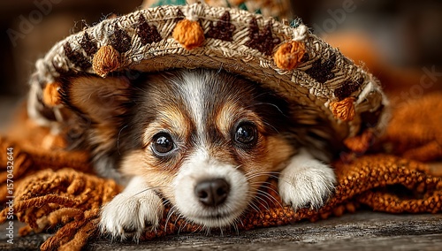 Adorable fluffy puppy with soulful eyes peeking from under a warm blanket, wearing a miniature festive sombrero, radiating pure canine charm