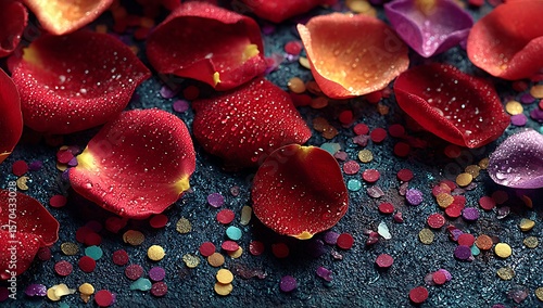 Macro of Dew-Kissed Rose Petals Scattered on Confetti