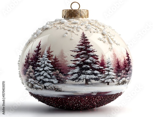 Exquisite festive holiday ornament, showcasing a serene winter wonderland forest scene with snow-dusted evergreen trees, ideal for elegant seasonal home decorations and cheerful celebrations