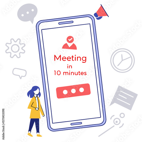 Woman standing next to a large phone displaying a meeting reminder with various icons surrounding it