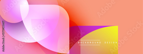 Abstract design features overlapping translucent circles. Gradient colors shift from pinks, purples to oranges, yellows. Minimalist style.